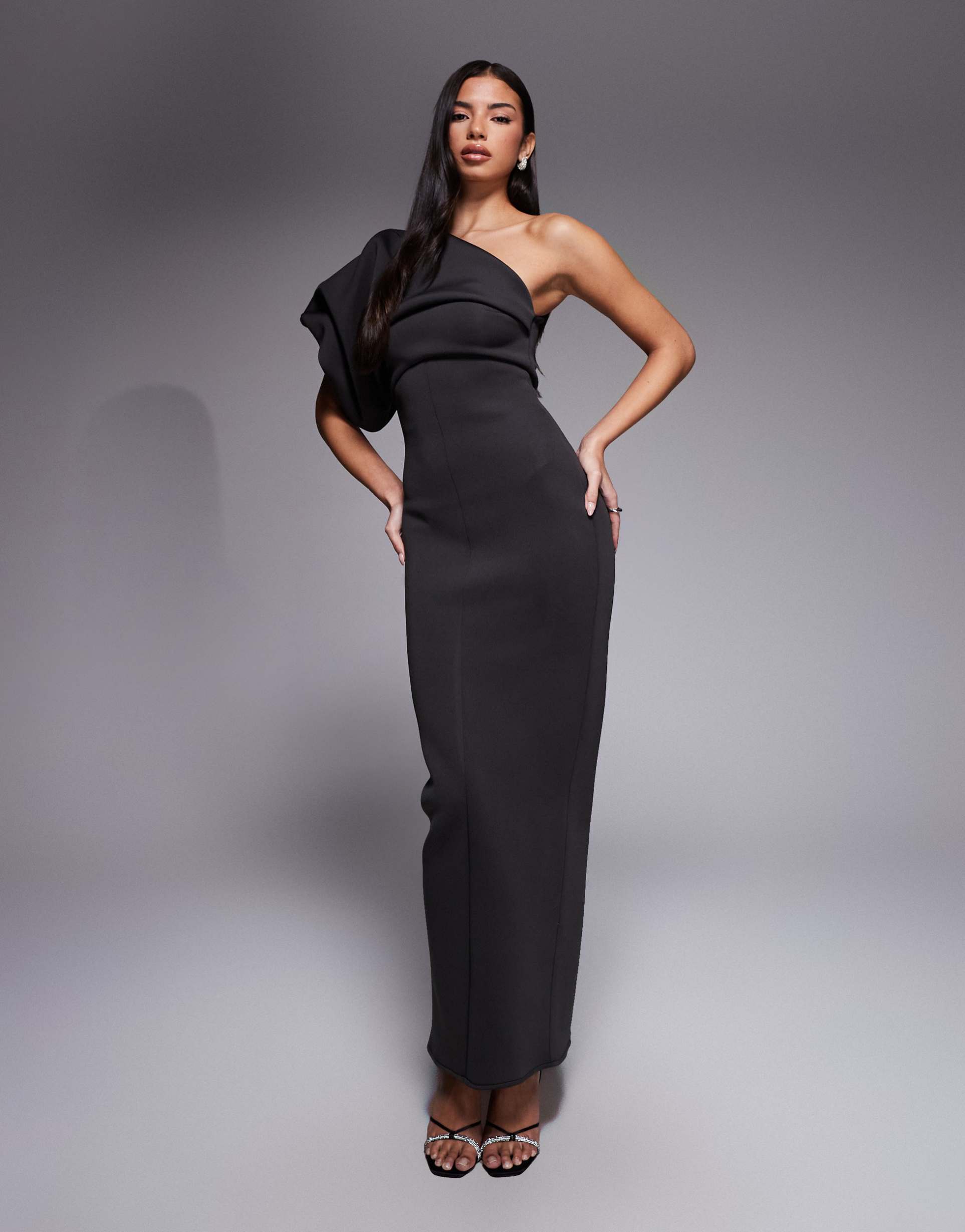 asos design scrunch one-shoulder maxi dress in brown scuba-style fabric