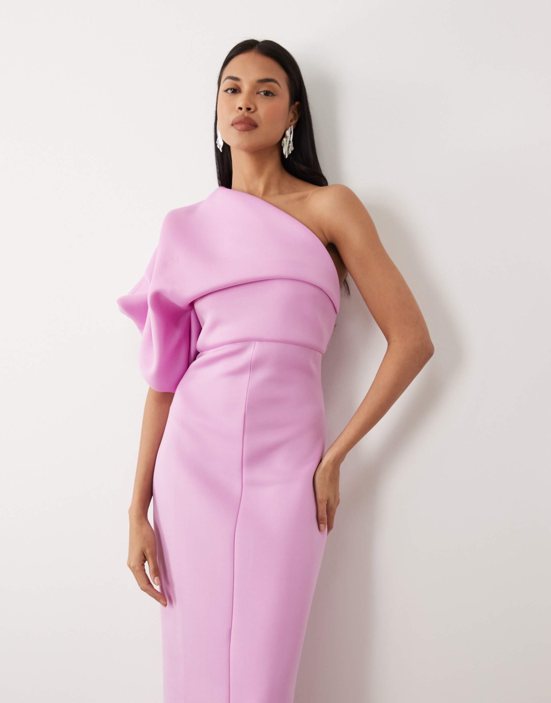 asos design scrunch one shoulder maxi dress in lilac scuba-style fabric