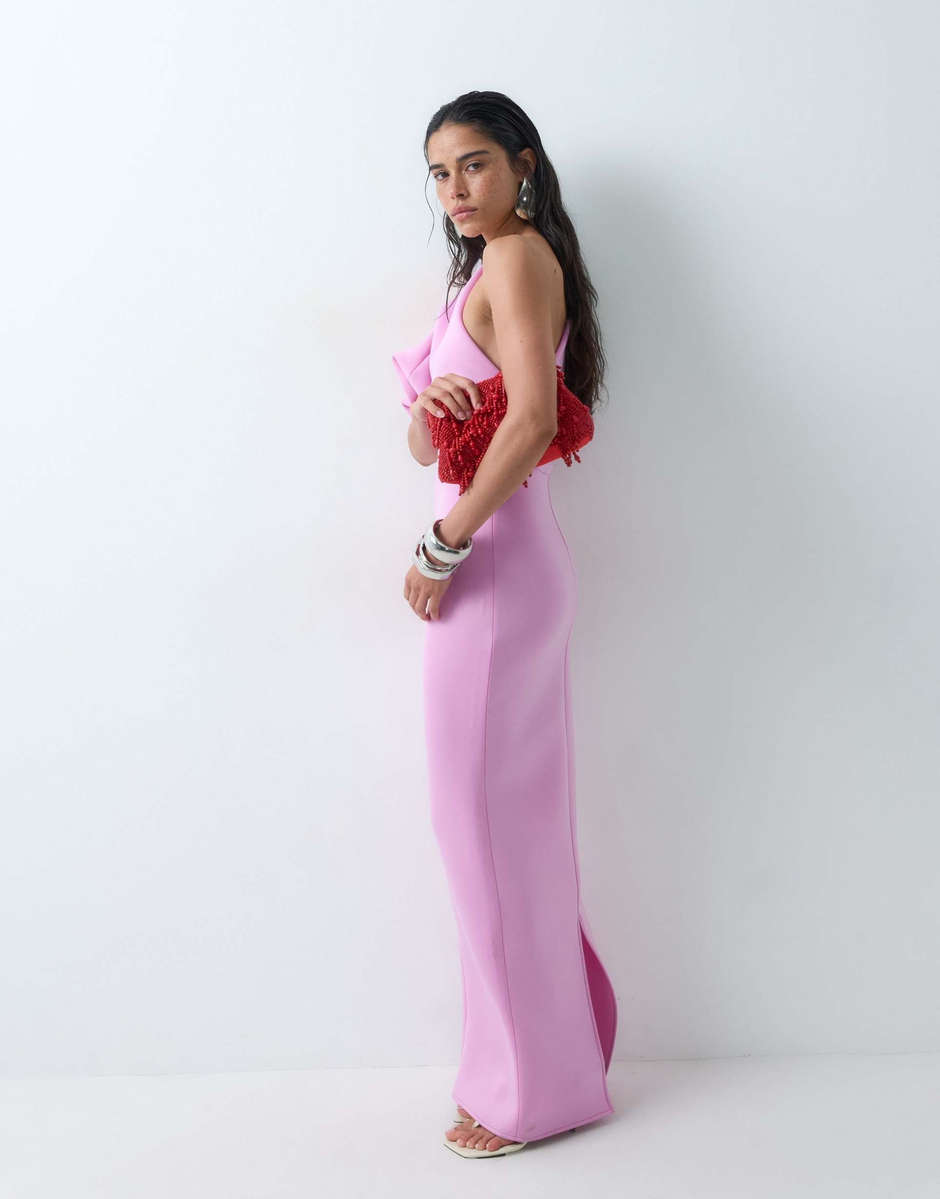 asos design scrunch one shoulder maxi dress in lilac scuba-style fabric