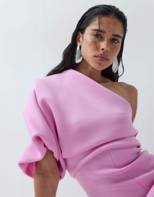 ASOS DESIGN scrunch one shoulder maxi dress in lilac scuba-style fabric, 2 of 4