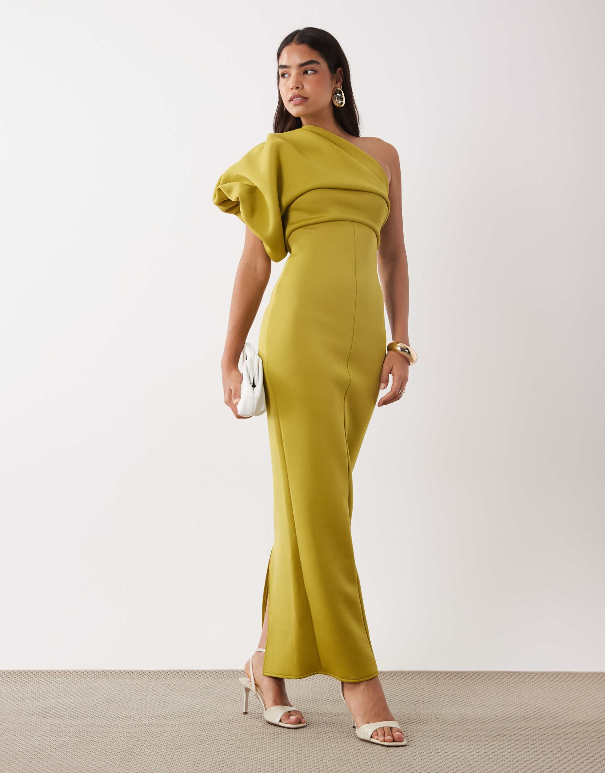 asos design scrunch one shoulder maxi dress in olive green scuba-style fabric