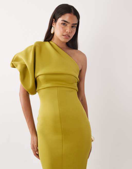 ASOS DESIGN scrunch one shoulder maxi dress in olive green scuba-style fabric, 2 of 4
