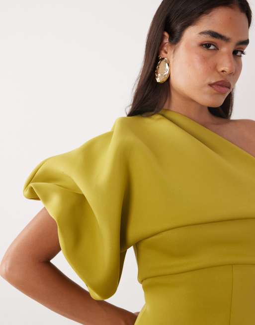 ASOS DESIGN scrunch one shoulder maxi dress in olive green scuba-style fabric, 3 of 4