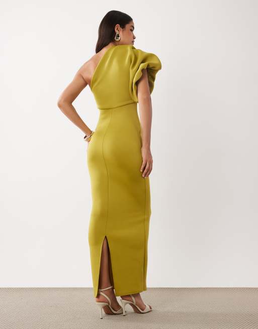 ASOS DESIGN scrunch one shoulder maxi dress in olive green scuba-style fabric, 4 of 4
