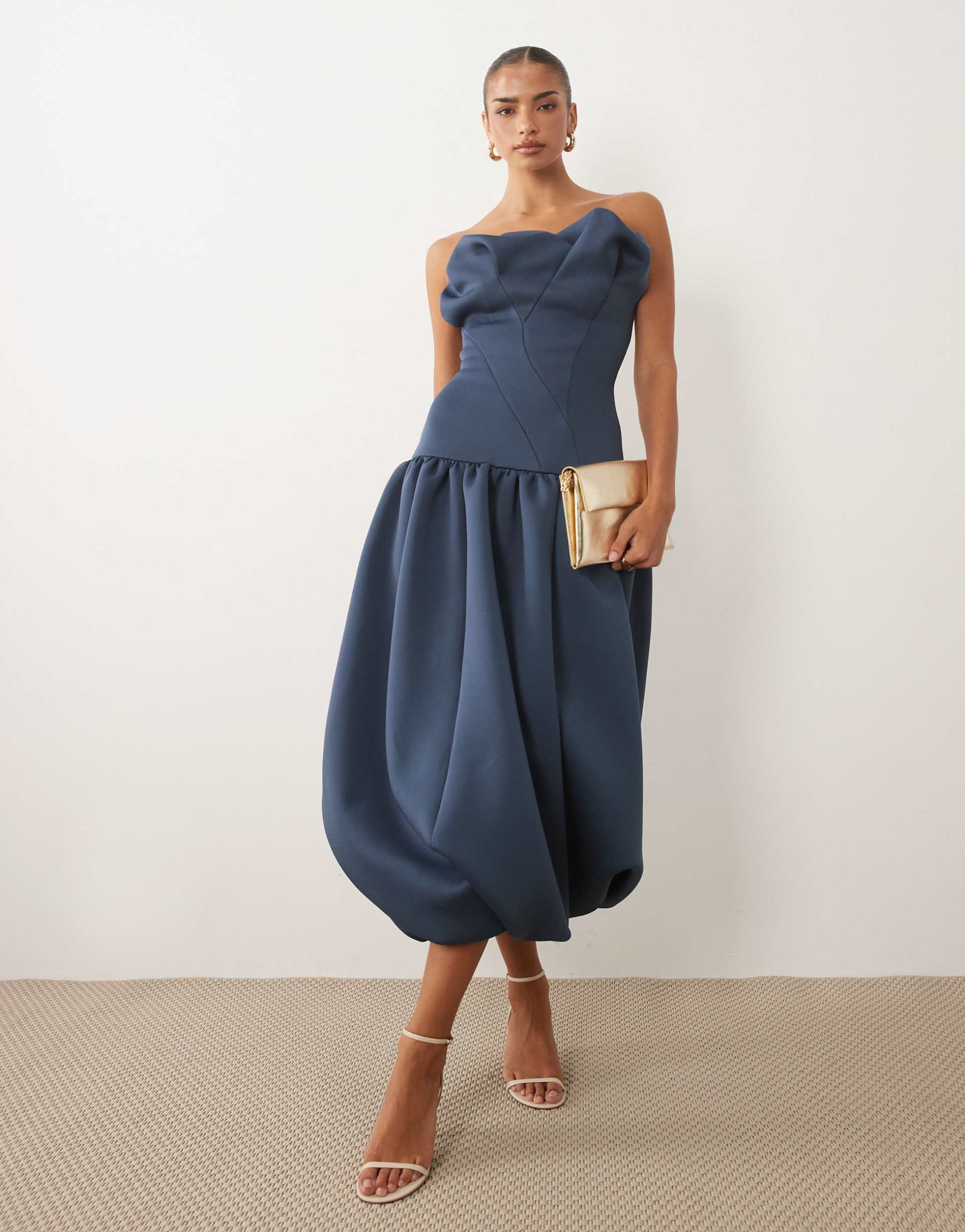 asos design scrunched bandeau bubble hem midi dress in denim blue scuba-style fabric
