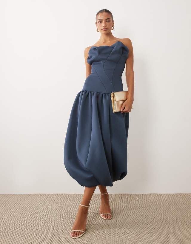blue scuba dress ASOS Design - Scrunched Bandeau Bubble Hem Midi - Women - Polyester/Elastane - 4 US Classic Stripes Fashion: Everything You Need Color:Noir Pearl Bust 124cm