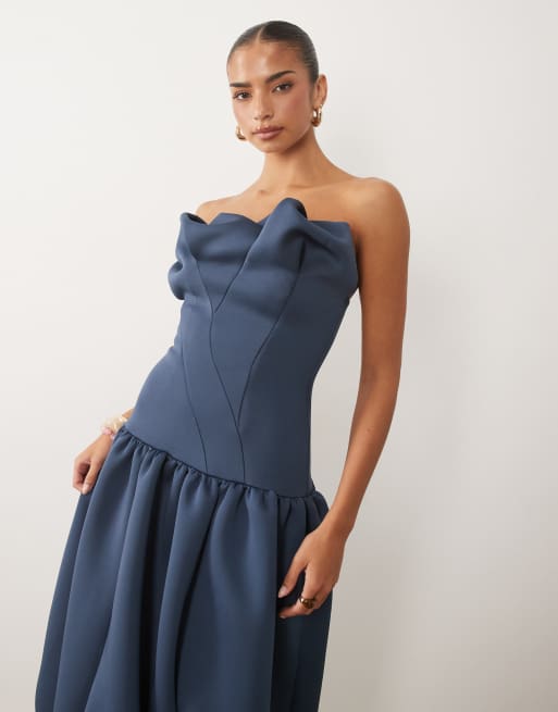 ASOS DESIGN scrunched bandeau bubble hem midi dress in denim blue scuba-style fabric, 3 of 4
