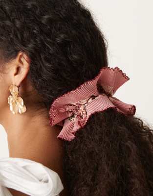 ASOS DESIGN - Scrunchie-Haargummi mit Blümchenmuster und farblich abgesetzter Rüschenkante-Rosa