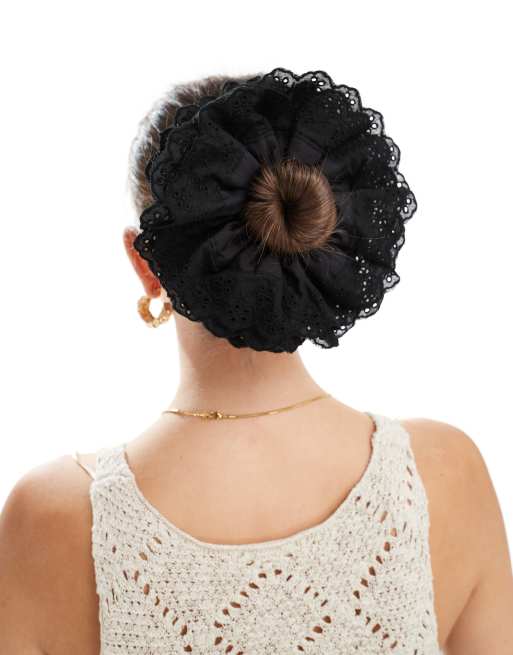 ASOS DESIGN scrunchie hair tie with broderie detail in black, 2 of 4