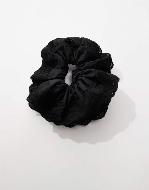 ASOS DESIGN scrunchie hair tie with broderie detail in black, 3 of 4