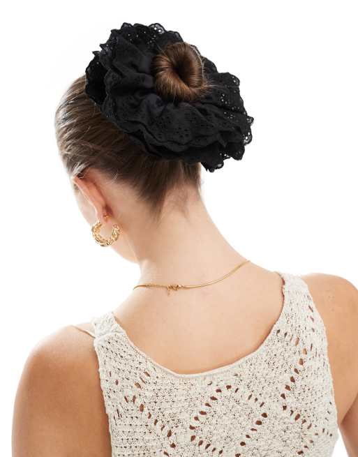 ASOS DESIGN scrunchie hair tie with broderie detail in black, 4 of 4