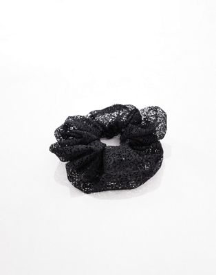 Asos Design Scrunchie Hair Tie With Lace Detail In Black In White
