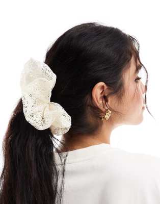 scrunchie hair tie with lace detail in ivory-White