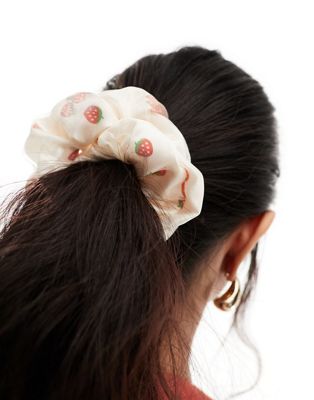 Asos Design Scrunchie Hair Tie With Strawberry Design In Cream-multi