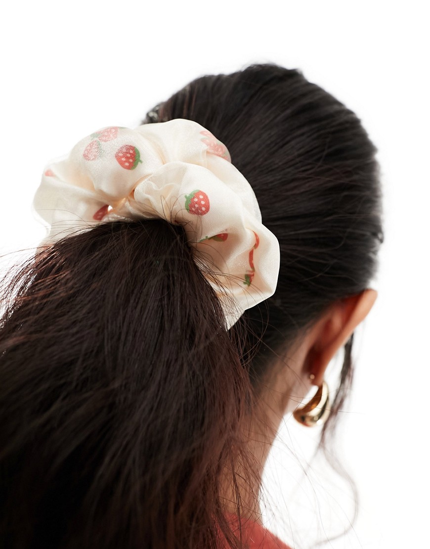 Asos Design Scrunchie Hair Tie With Strawberry Design In Cream-multi In White