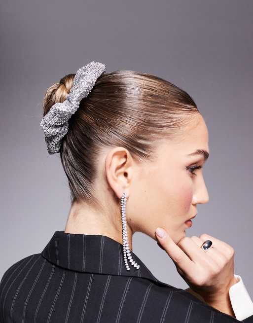 ASOS DESIGN scrunchie hairband with crystal detail in silver  display picture 3