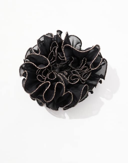 ASOS DESIGN scrunchie hairband with glitter contrast stitch detail in black, 2 of 3