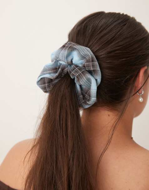 ASOS DESIGN scrunchie in blue and brown tartan check - view 1