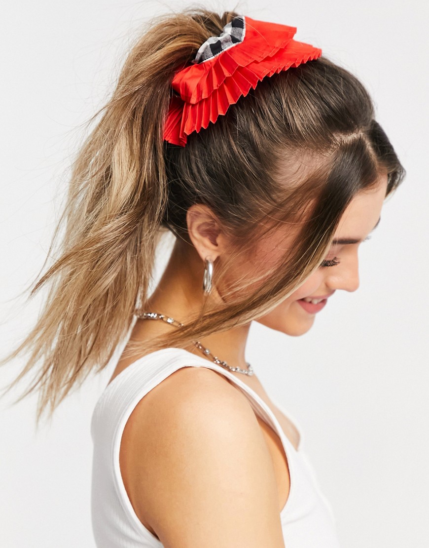 ASOS DESIGN scrunchie in gingham with pleated edge-Multi