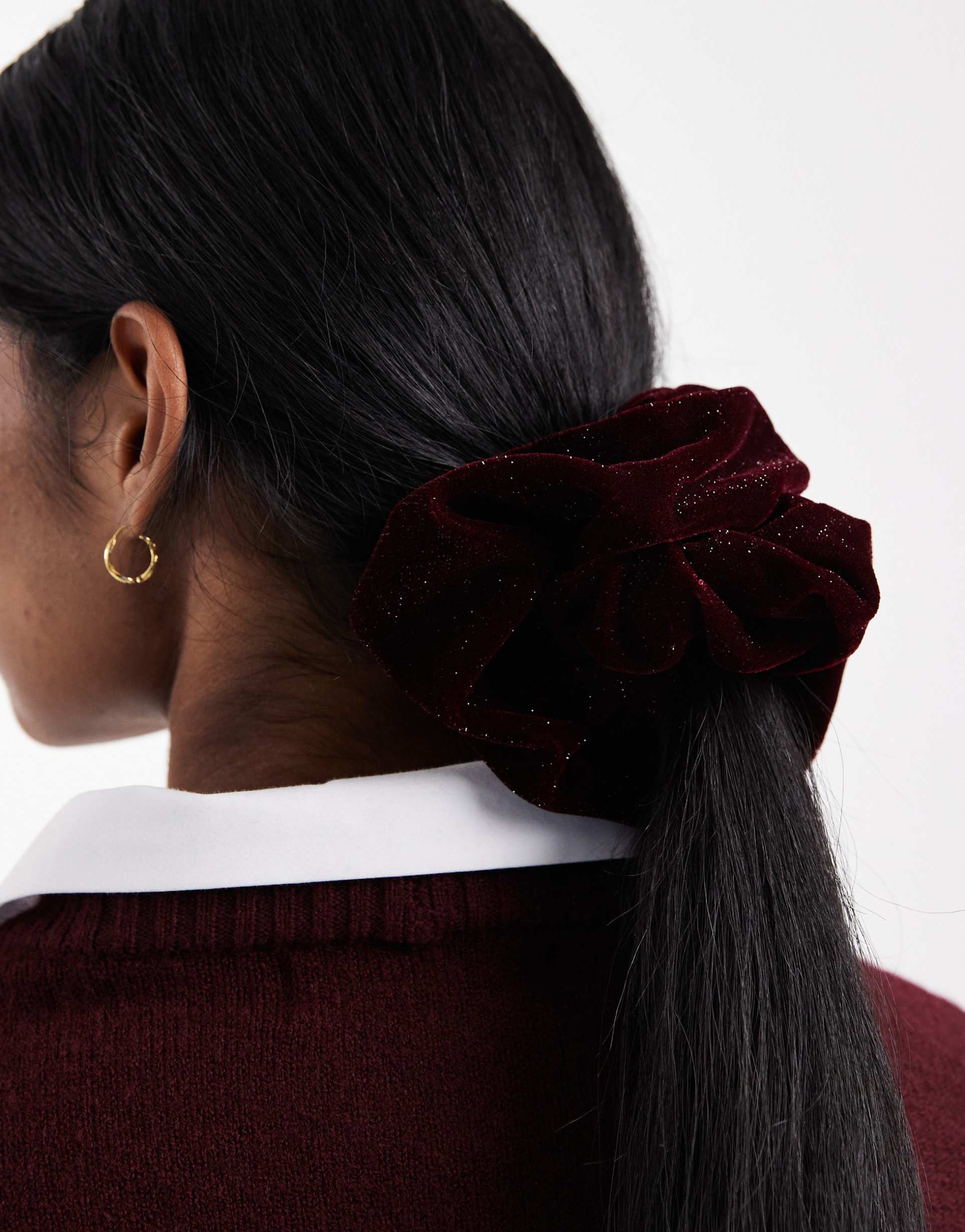 asos design scrunchie in glitter burgundy velvet