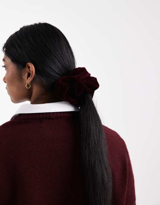 ASOS DESIGN - Scrunchie van fluweel met glitter in bordeauxrood, 3 van 3