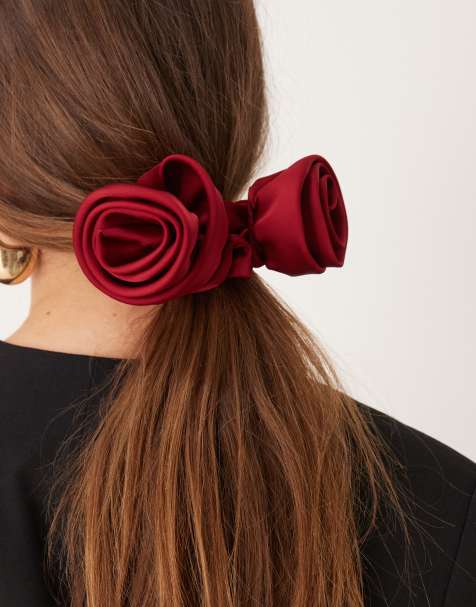 ASOS DESIGN scrunchie with corsage detail in burgundy - view 1