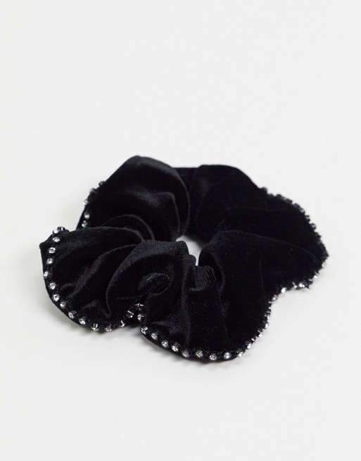 ASOS DESIGN scrunchie with crystal trim in black velvet