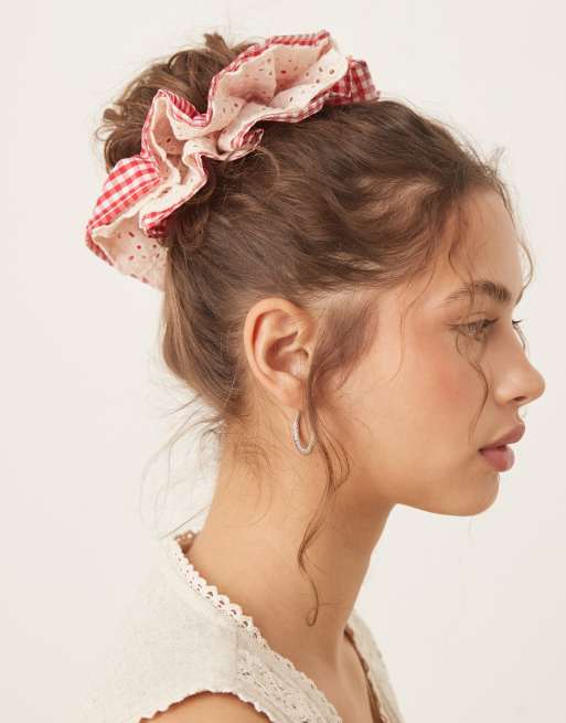 ASOS DESIGN scrunchie with gingham and broderie design in red, 4 of 4