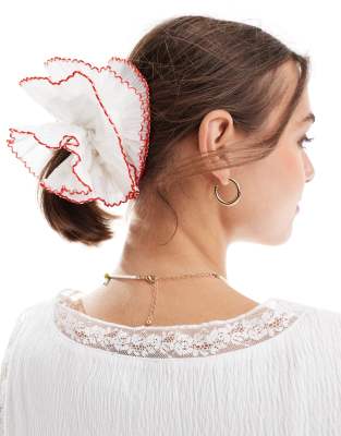 Asos Design Scrunchie With Plisse Detail In White With Red Edges-multi