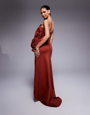 Shop Asos Design Scuba Bandeau Maxi Dress With Plisse Ruffle Fan Detail In Red