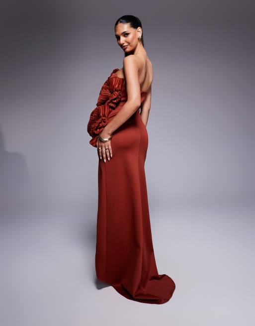 ASOS DESIGN scuba bandeau maxi dress with plisse ruffle fan detail in rust
