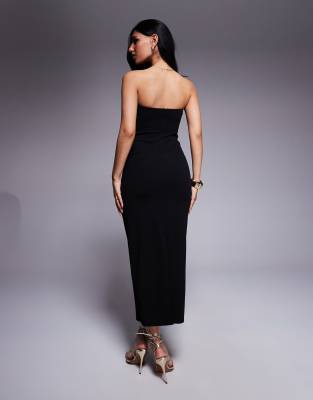 Asos Design Scuba Bandeau Midi Dress With Pleated Bust Cup Details In Black