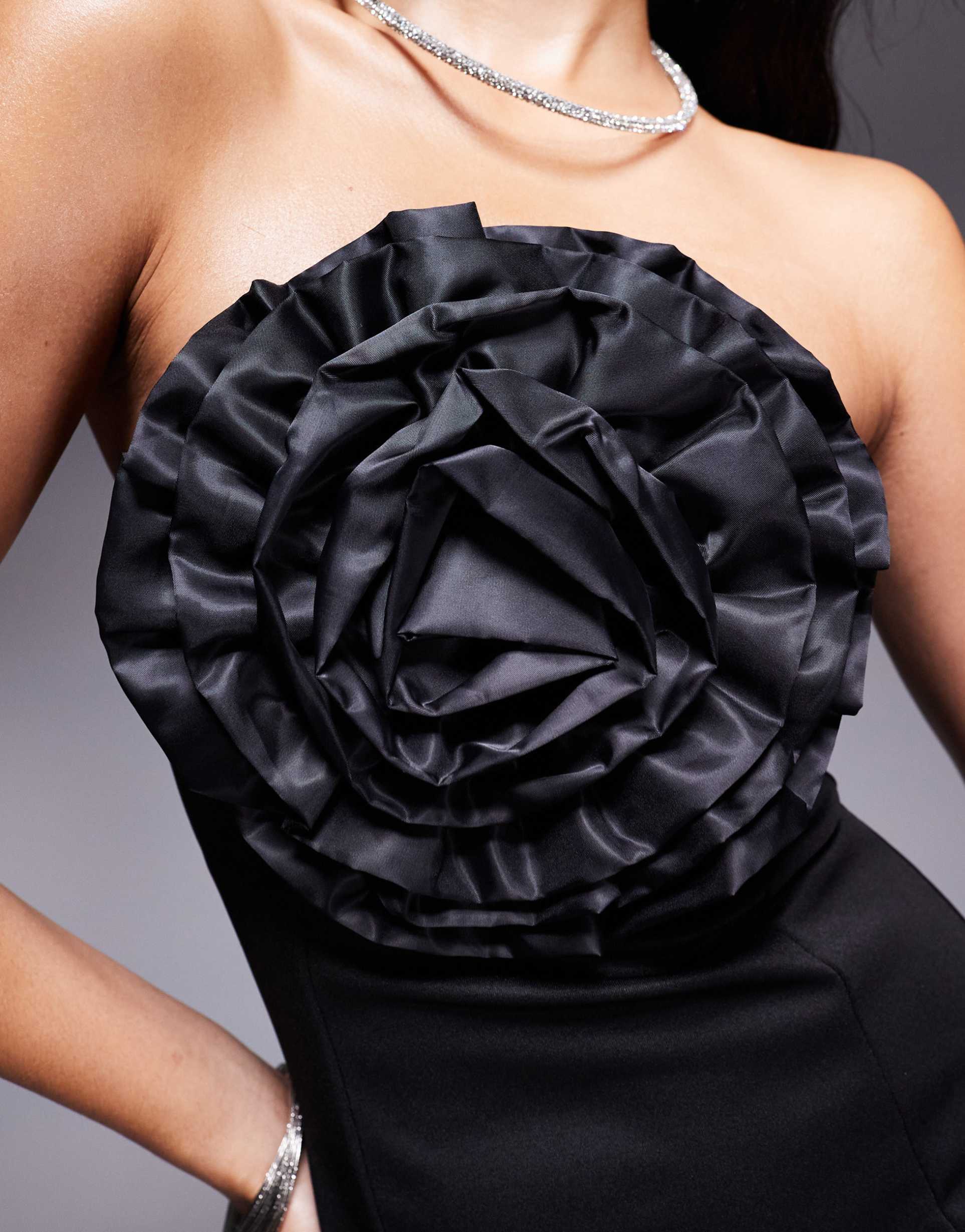asos design scuba bandeau mini dress with oversized satin corsage in black