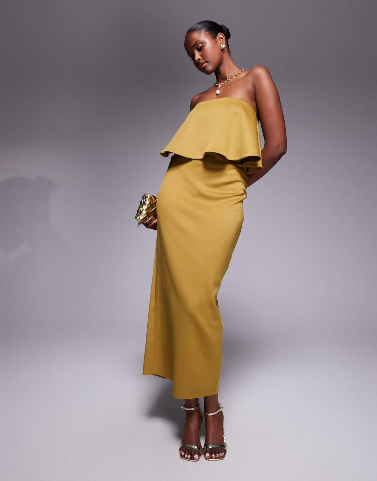 ASOS DESIGN scuba bandeau peplum midi dress in bronze