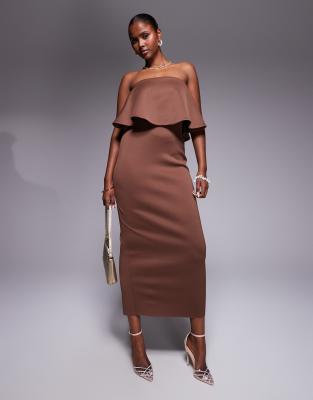 Asos Design Scuba Bandeau Peplum Midi Dress In Brown