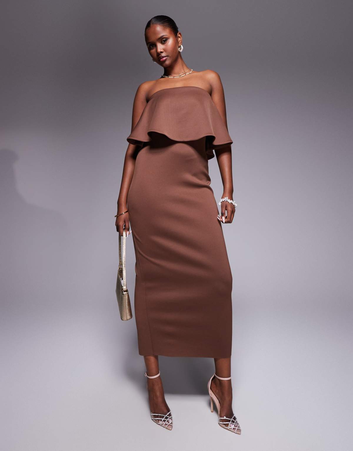 ASOS DESIGN scuba bandeau peplum midi dress in chocolate