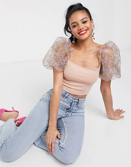 ASOS DESIGN scuba bandeau with printed organza sleeves in pink