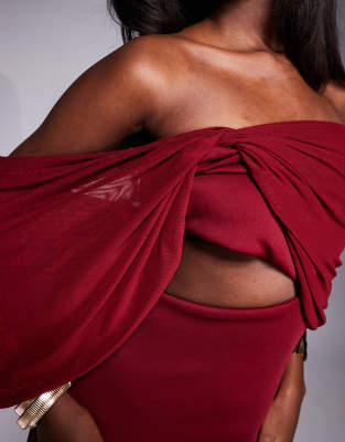 asos design scuba bardot midi dress with sheer drape sleeve detail in burgundy