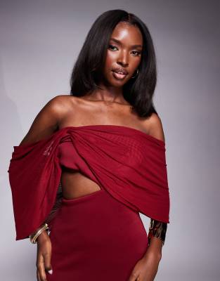 asos design scuba bardot midi dress with sheer drape sleeve detail in burgundy
