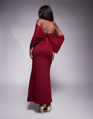 asos design scuba bardot midi dress with sheer drape sleeve detail in burgundy