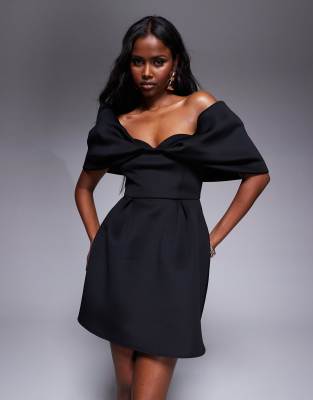 Asos Design Scuba Bardot Mini Dress With Full Skirt In Black