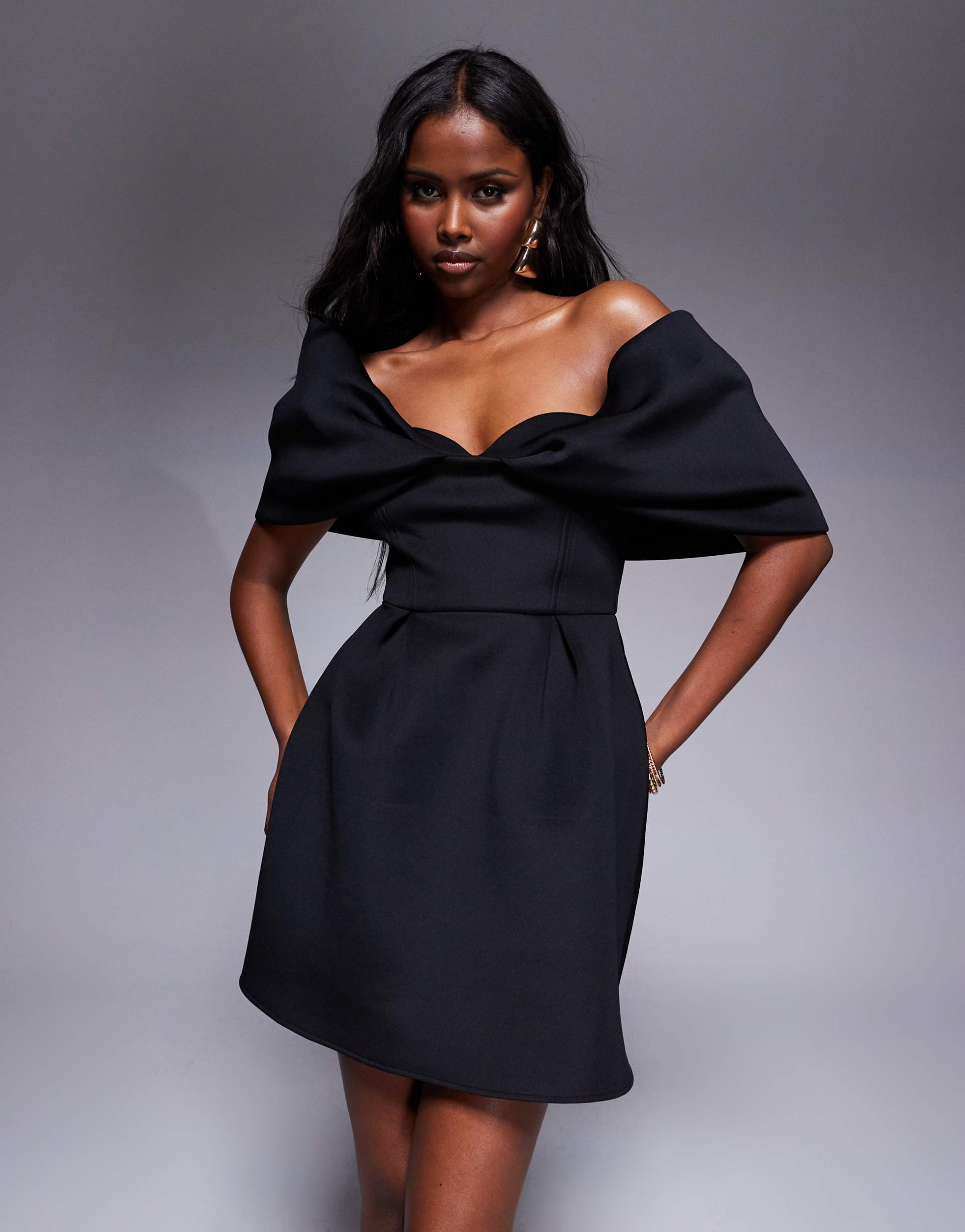 asos design scuba bardot mini dress with full skirt in black