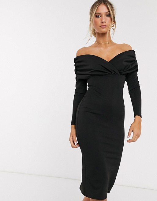 ASOS DESIGN scuba bardot ruched side long sleeve midi dress in black | ASOS