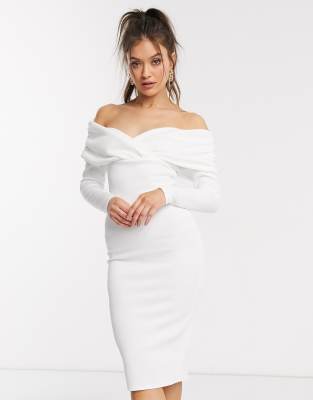 white long sleeve bardot dress