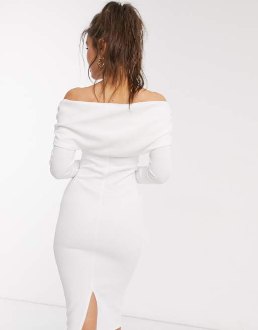 ASOS DESIGN scuba bardot ruched side long sleeve midi dress in white