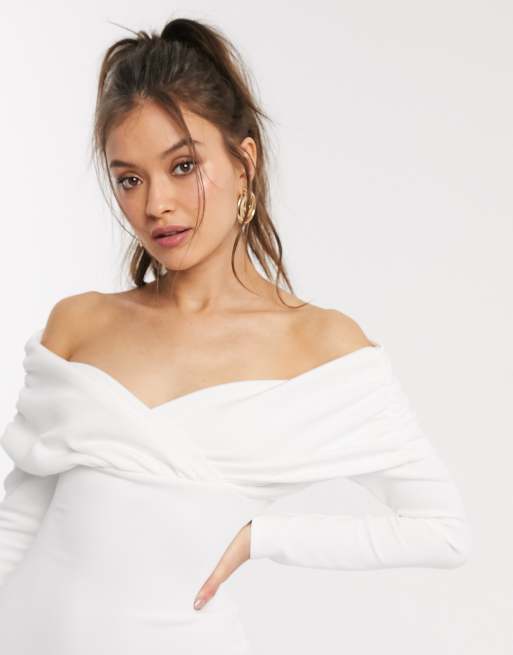 ASOS DESIGN scuba bardot ruched side long sleeve midi dress in white