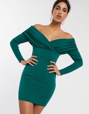 ASOS DESIGN scuba bardot ruched side long sleeve mini dress-Green