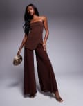 [ASOS DESIGN] ASOS DESIGN scuba bodice bandeau jumpsuit with sheer wide leg pants in chocolate-Brown 12 Chocolate