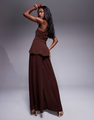 Asos Design Scuba Bodice Bandeau Jumpsuit With Sheer Wide Leg Pants In Brown