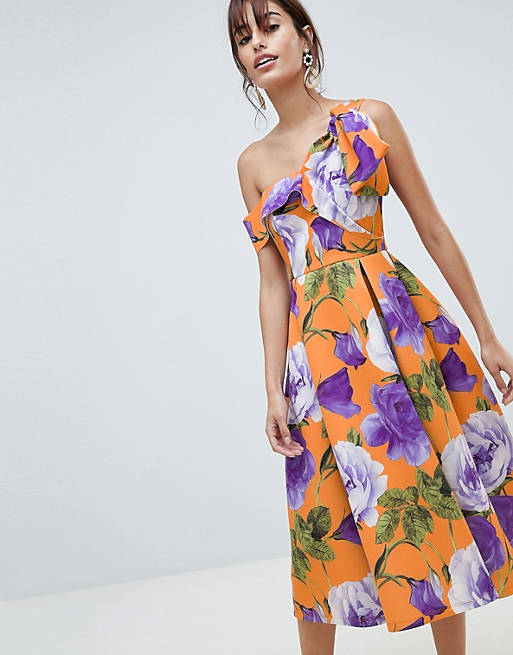 ASOS DESIGN scuba bow one shoulder prom dress in bright floral print